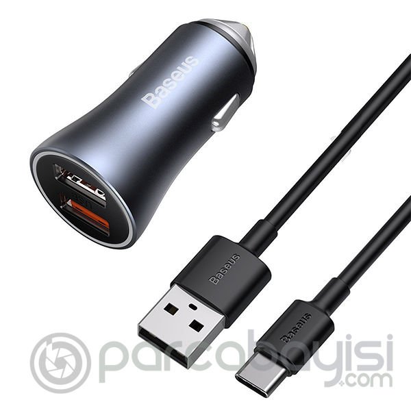 Baseus Golden Contactor Pro 40W Çift USB Hızlı Araç Şarj Başlık + Type-C to USB 5A Şarj Kablosu 1m