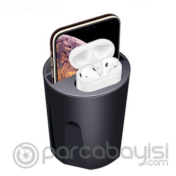 ALLY X9A Cup Araç İçin İPhone 11-12 Kablosuz Şarj Cihazı Airpods Şarj 2 Usb