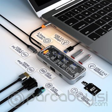 ALLY 10in1 Type-c To USB3.0 + USB2.0 *2 + Type-c PD + 3.5mm + HDMI + VGA + SD + TF + Ethernet Çoğalt