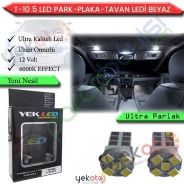 Yekled T10 Park Dipsiz Ampul Beyaz Işık 5 Led 12V Park Plaka İç Tavan Aydınlatma 2 Adet