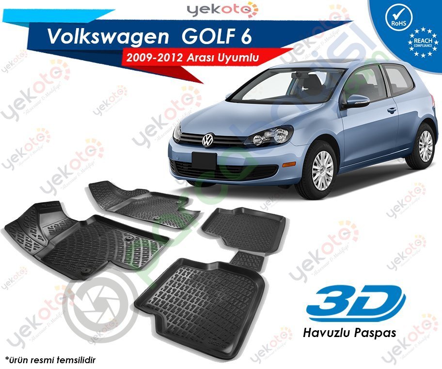 Vw Golf 6 2009-2012 Arası Uyumlu Araca Özel 3D Havuzlu Paspas Siyah