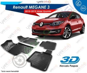 Renault Megane 3 2010-2015 Arası Uyumlu Araca Özel 3D Havuzlu Paspas Siyah