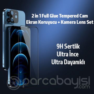 İPhone 12 6.1 2İN1 Full Glue Tempered Cam Ekran Koruyucu +Kamera Lens Set