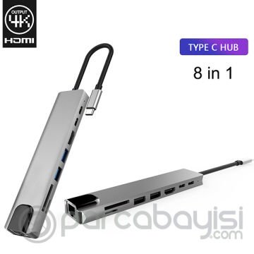 Ally 8 Port Usb 8in1 3.0 Type-C Hdmi 3XUSB+2 PD) RJ45 Hub Adaptör Çoklayıcı TF SD Kart