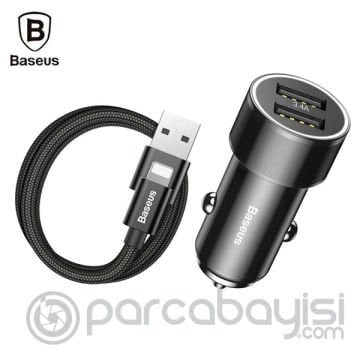 Baseus Small Screw 3.4A Çift Usb Hızlı Araç Şarj İPhone Kablo Set