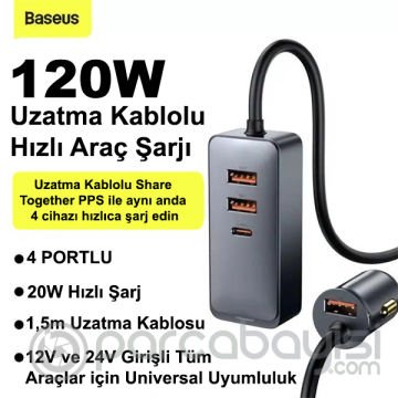 Baseus Share Together PPS 120W 4 Portlu (3 USB+1 Type-C) Hızlı Araç Şarjı 1.5m