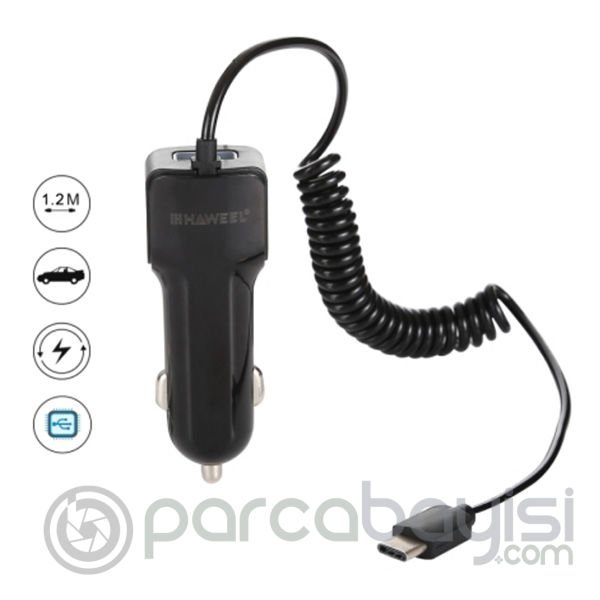 Haweel 5v 3.1a Hızlı Araç Şarj+ Spiral Usb Type C Kablolu