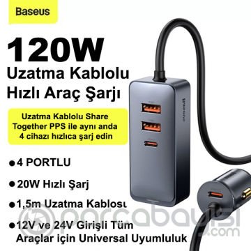 Baseus Share Together PPS 120W 4 Portlu (2 USB+2 Type-C) Hızlı Araç Şarjı 1.5m