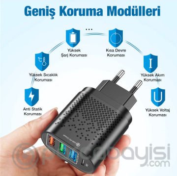 USLİON 3 USB + Type-C Giriş 48W PD Hızlı Şarj Başlık Şarj Adaptörü