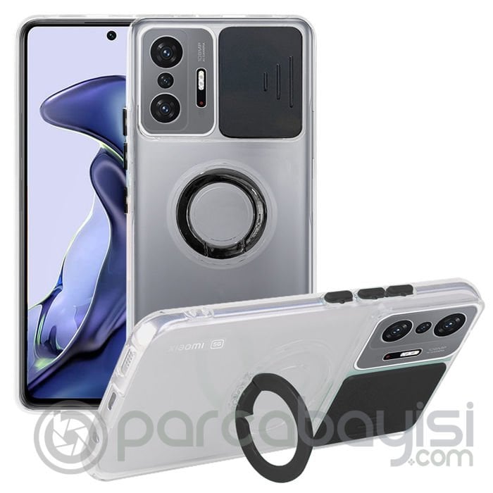 Ally Xiaomi 11T - 11T Pro 5G Kılıf Sürgülü Kamera Lens Korumalı Yüzük Standlı Silikon Kılıf