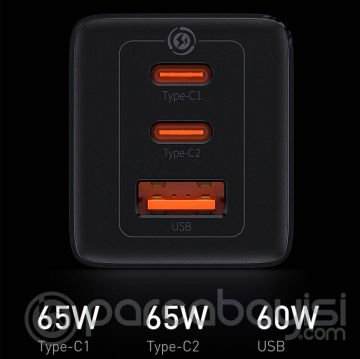 Baseus Gan3 Pro 65W 2 Type-C + USB Hızlı Şarj Başlığı Adaptörü ve Hızlı Şarj Type-C Kablosu Seti