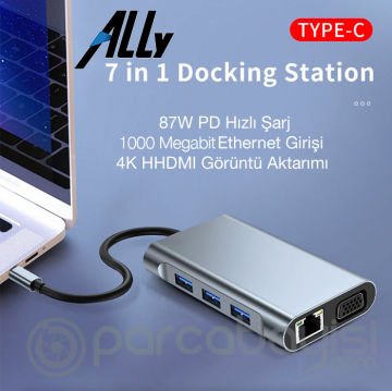 ALLY 7in1 USB 3.0 + HDMI + RJ45 + Type-C HUB Adaptör Çevirici Dock Station