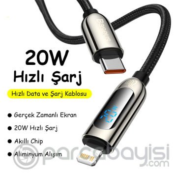 Baseus 20W Dijital Göstergeli Type-C to Lightning Hızlı Şarj Kablosu 1m