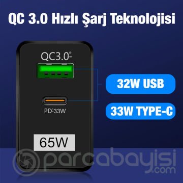 ALLY 65W GaN Type-C + USB QC3.0 PD Hızlı Şarj Adaptörü Şarj Başlığı