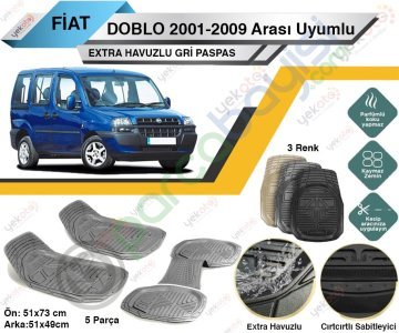 Fiat Doblo 2001-2009 Arası Uyumlu Extra Havuzlu Kesilebilir Gri Paspas