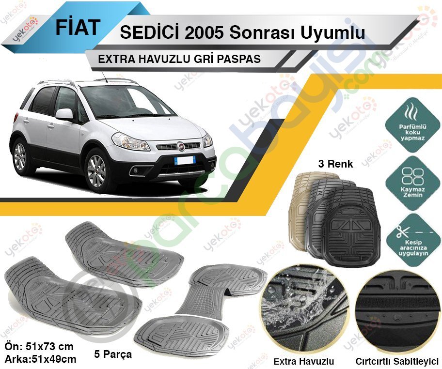 Fiat Sedici 2005 Sonrası Uyumlu Extra Havuzlu Kesilebilir Gri Paspas