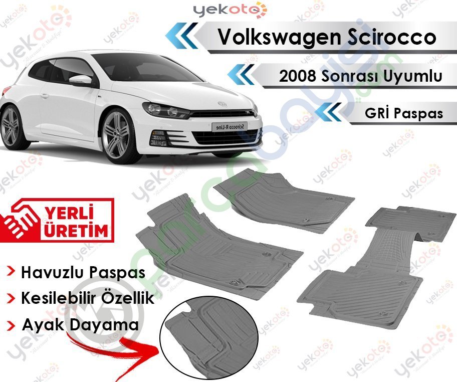 Volkswagen Scirocco Uyumlu Havuzlu Kesilebilir Üniversal Gri Paspas