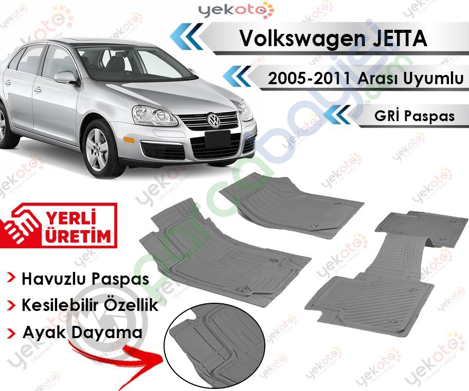 Volkswagen Jetta 2005-2011 Uyumlu Havuzlu Kesilebilir Gri Paspas