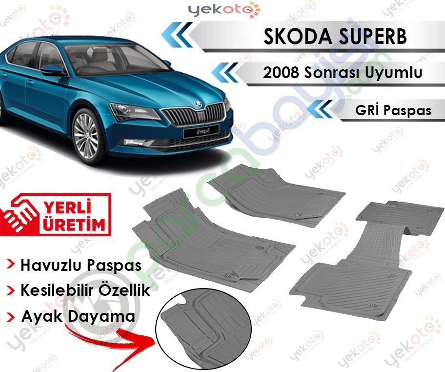 Skoda Superb 2008 Sonrası Uyumlu Havuzlu Kesilebilir Gri Paspas