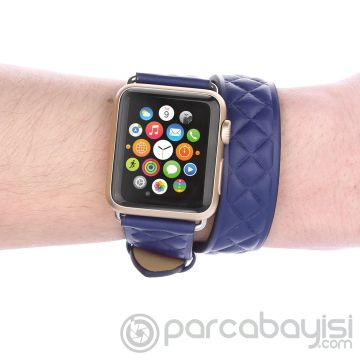 Ally Apple Watch 7-8 45mm 6-5-4 44mm Çift Tur Deri Kayış Kordon H- Model 3-2-1 42mm