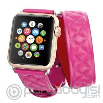 Ally Apple Watch 7-8 45mm 6-5-4 44mm Çift Tur Deri Kayış Kordon H- Model 3-2-1 42mm