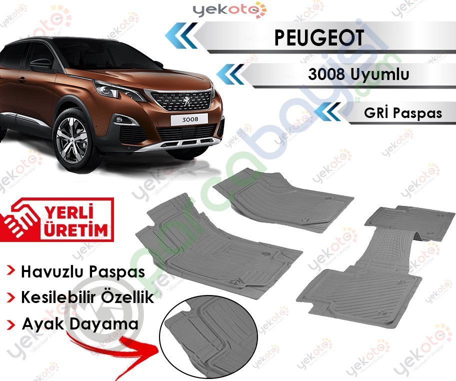 Peugeot 3008 Uyumlu Havuzlu Kesilebilir Gri Paspas