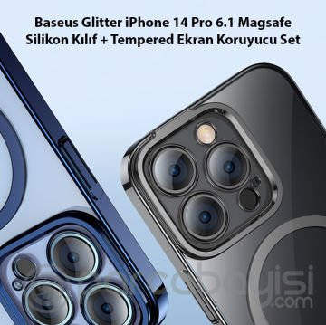 Baseus Glitter iPhone 14 Pro 6.1 Magsafe Silikon Kılıf + Tempered Ekran Koruyucu Set