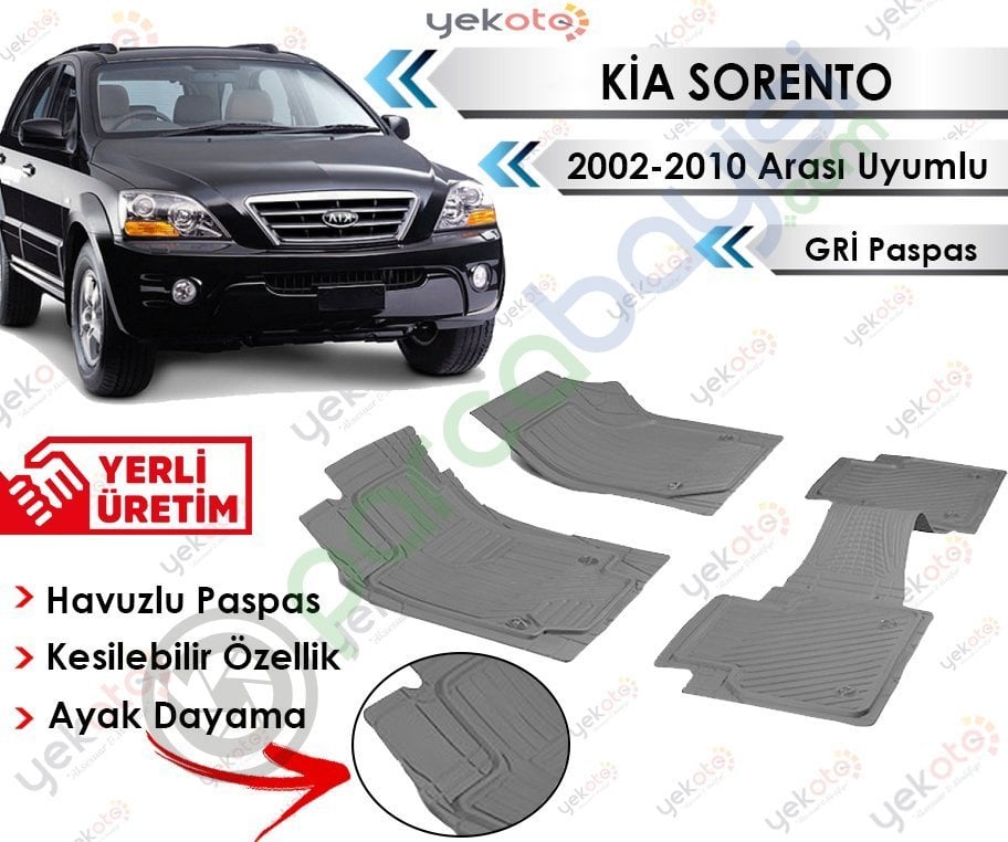 Kia Sorento 2002-2010 Arası Uyumlu Havuzlu Kesilebilir Gri Paspas