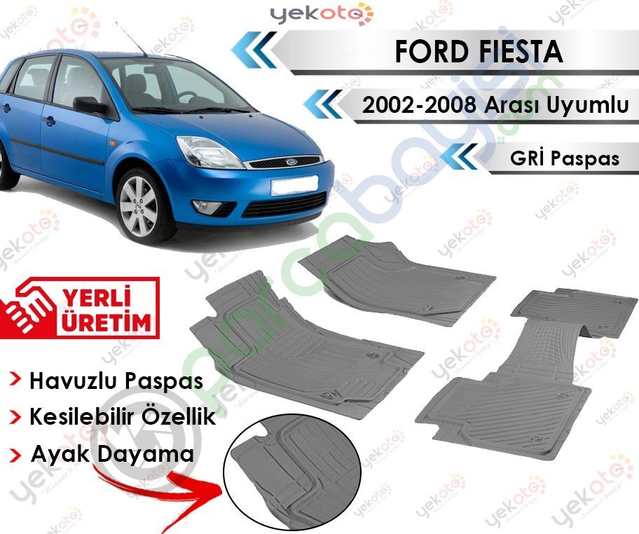 Ford Fiesta 2002-2008 Arası Uyumlu Havuzlu Kesilebilir Gri Paspas