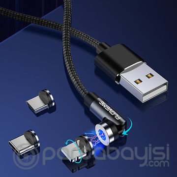 Floveme 540 Dönebilen Mıknatıslı Usb Şarj Kablosu 3 Başlık（iPhone+Type-C+Micro 1M