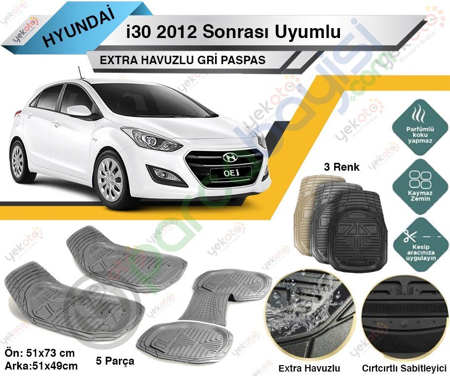 Hyundai İ30 2012 Sonrası Uyumlu Extra Havuzlu Kesilebilir Gri Paspas