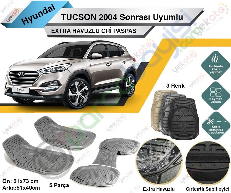 Hyundai Tucson 2004 Sonrası Uyumlu Extra Havuzlu Kesilebilir Gri Paspas