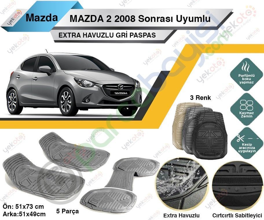 Mazda 2 2008 Sonrası Uyumlu Extra Havuzlu Kesilebilir Gri Paspas