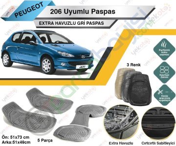 Peugeot 206 Uyumlu Extra Havuzlu Kesilebilir Gri Paspas