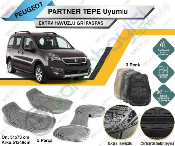 Peugeot Partner Tepe Uyumlu Extra Havuzlu Kesilebilir Gri Paspas