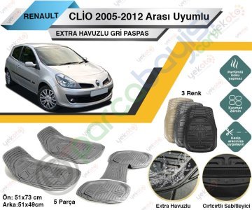 Renault Clio 2005-2012 Arası Uyumlu Extra Havuzlu Kesilebilir Gri Paspas