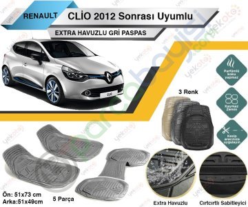 Renault Clio 2012 Sonrası Uyumlu Extra Havuzlu Kesilebilir Gri Paspas