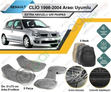 Renault Clio B 1998-2004 Arası Uyumlu Extra Havuzlu Kesilebilir Gri Paspas