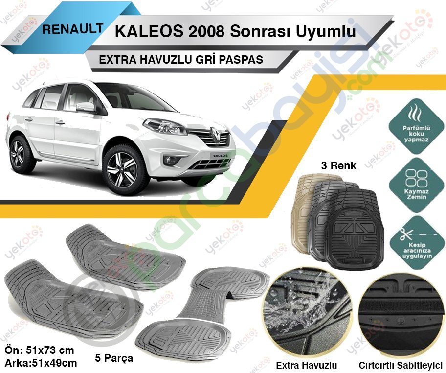 Renault Kaleos 2008 Sonrası Uyumlu Extra Havuzlu Kesilebilir Gri Paspas