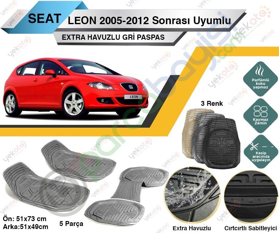 Seat Leon 2005-2012 Sonrası Uyumlu Extra Havuzlu Kesilebilir Gri Paspas