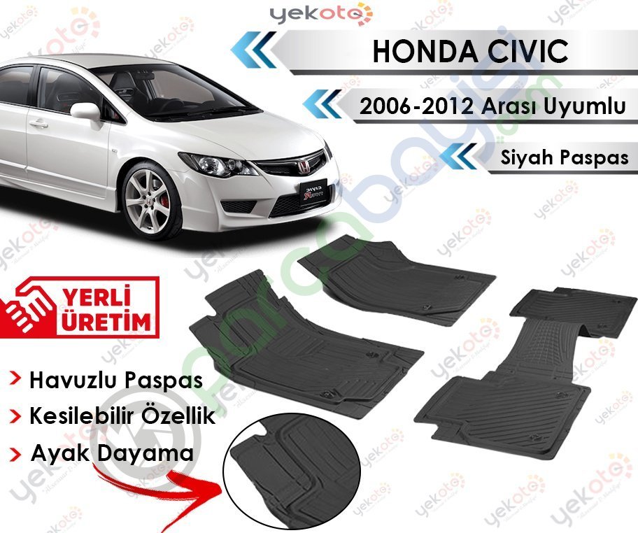 Honda Civic 2006-2012 Sonrası Uyumlu Havuzlu Kesilebilir Siyah Paspas