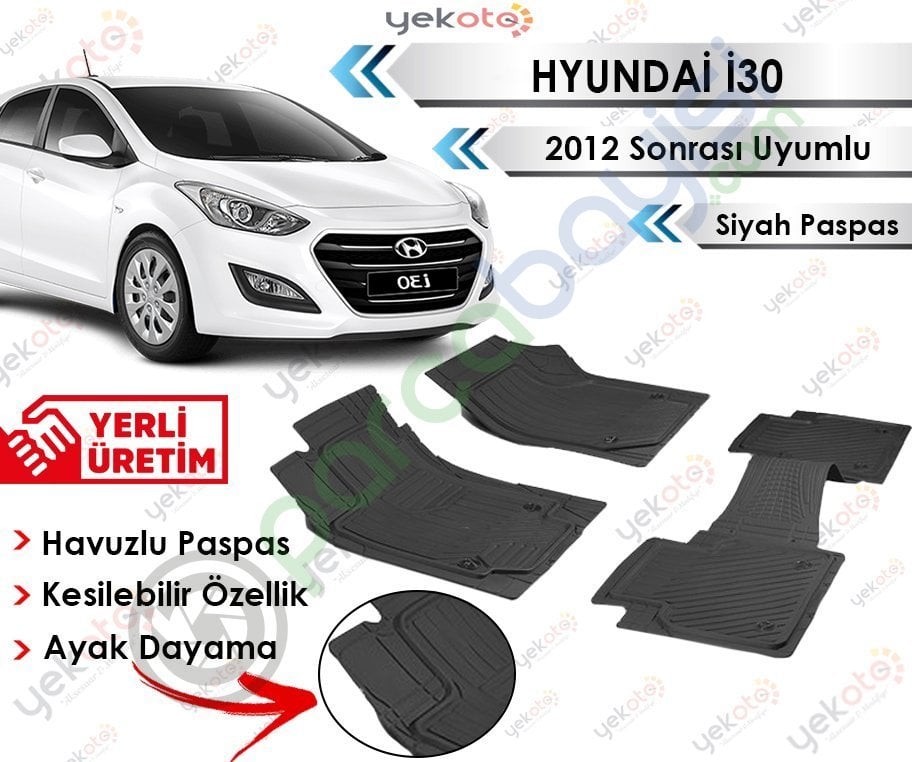 Hyundai İ30 2012 Sonrası Uyumlu Havuzlu Kesilebilir Siyah Paspas