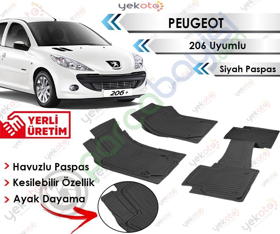 Peugeot 206 Uyumlu Havuzlu Kesilebilir Siyah Paspas