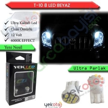 Yekled T10 Park Dipsiz Ampul 8 Led Beyaz Işık 12V Plaka İç Aydınlatma 2 Adet