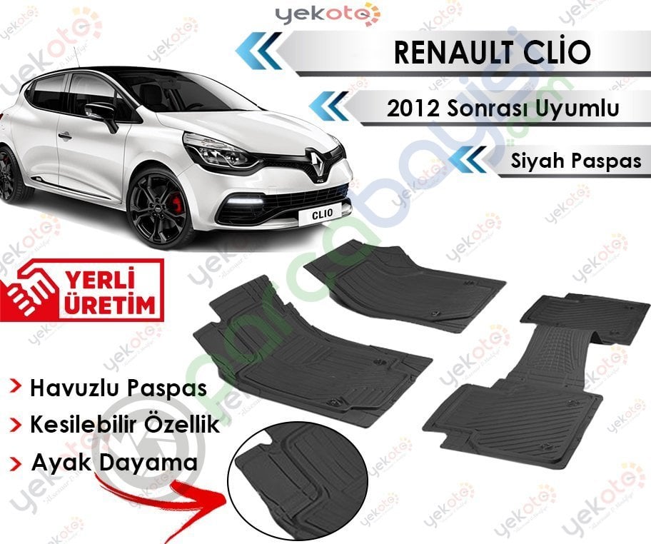 Renault Clio 2012 Sonrası Uyumlu Havuzlu Kesilebilir Siyah Paspas