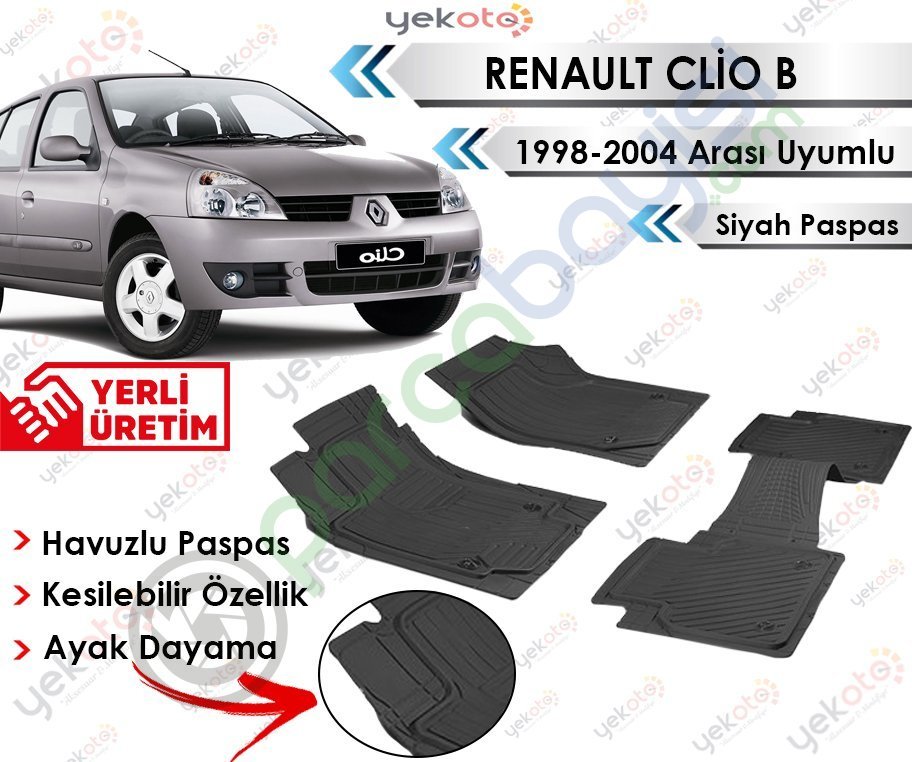 Renault Clio B 1998-2004 Arası Uyumlu Havuzlu Kesilebilir Siyah Paspas