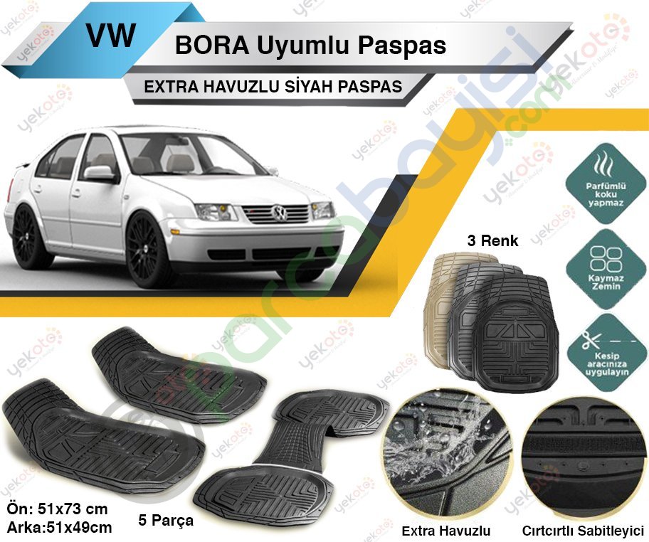 Volkswagen Bora Uyumlu Extra Havuzlu Kesilebilir Siyah Paspas