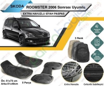 Skoda Roomster 2006 Sonrası Uyumlu Extra Havuzlu Kesilebilir Siyah Paspas