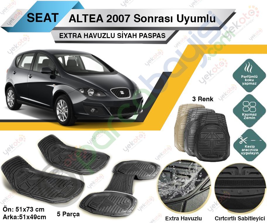 Seat Altea 2007 Sonrası Uyumlu Extra Havuzlu Kesilebilir Siyah Paspas