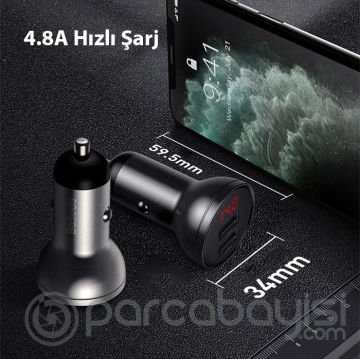 Baseus Digital Display Dual USB 4.8A 24W Hızlı Araç Şarj Cihazı+Baseus 3in1 Şarj Kablosu 3.5A 1.2m